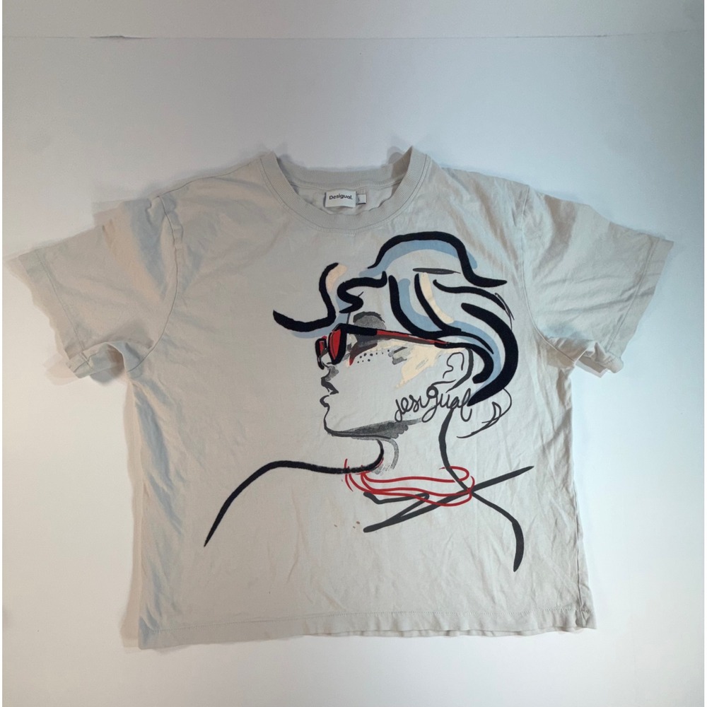Desigual Artistic Graphic T-Shirt Gray Embroidered Face Line Art Women Large
